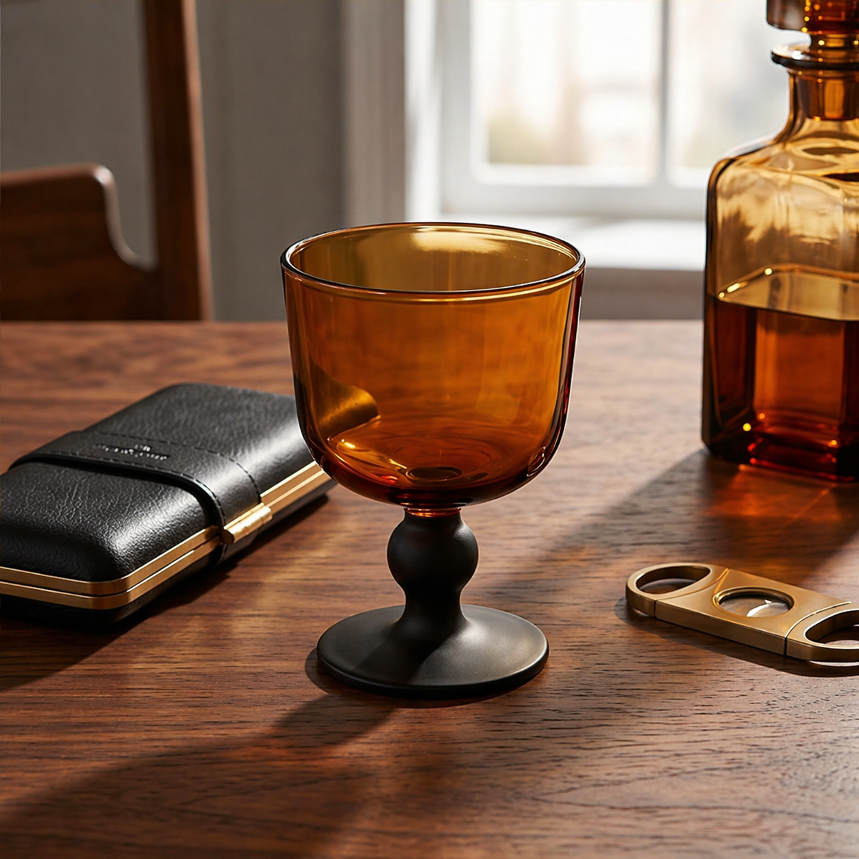 Amber Glass Goblet with Black Stem