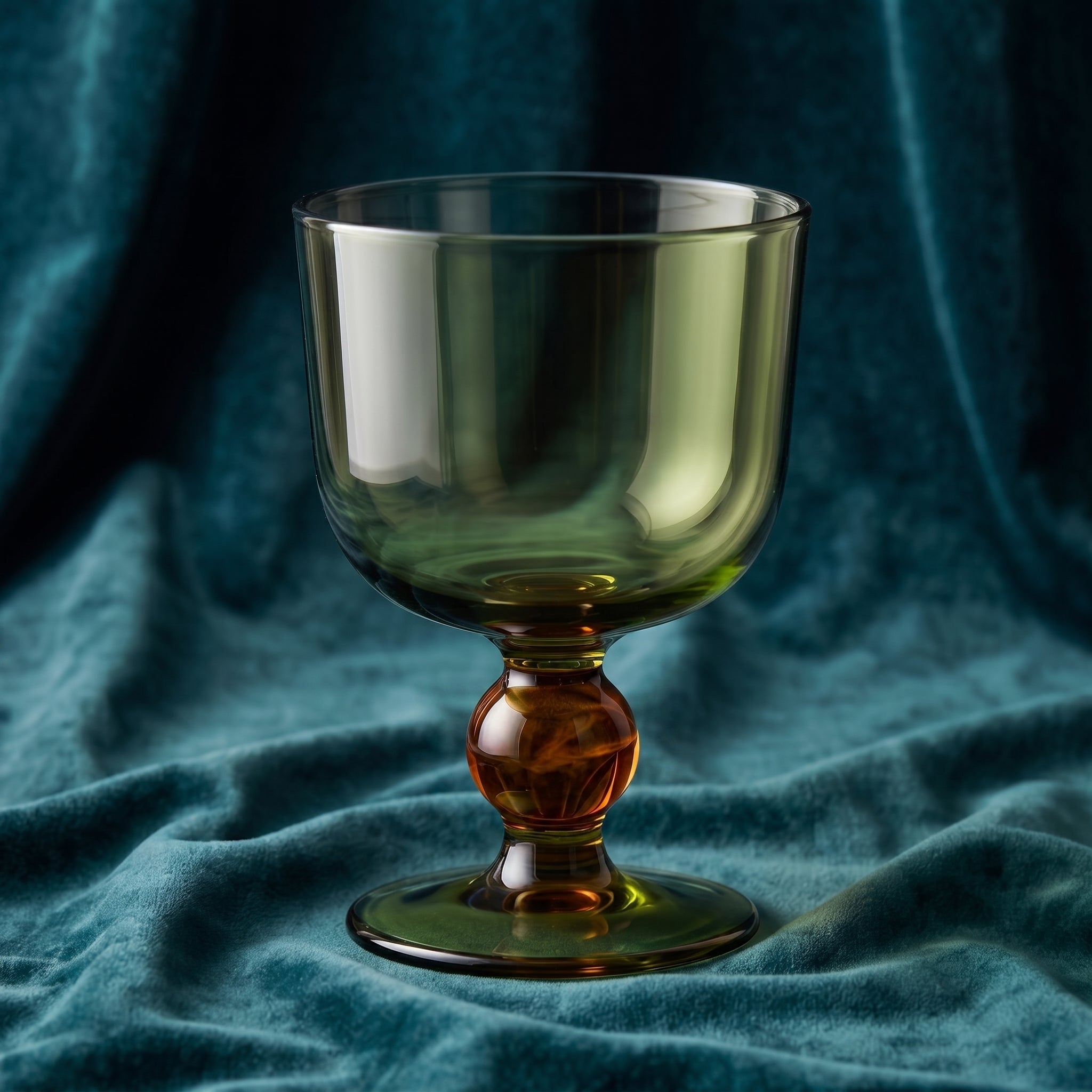 Green Glass Goblet with Amber Ball Stem