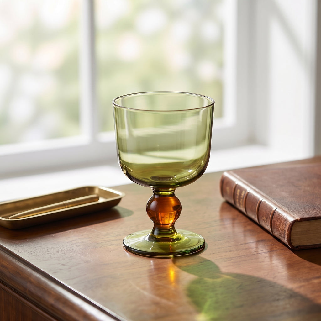 Green Glass Goblet with Amber Ball Stem