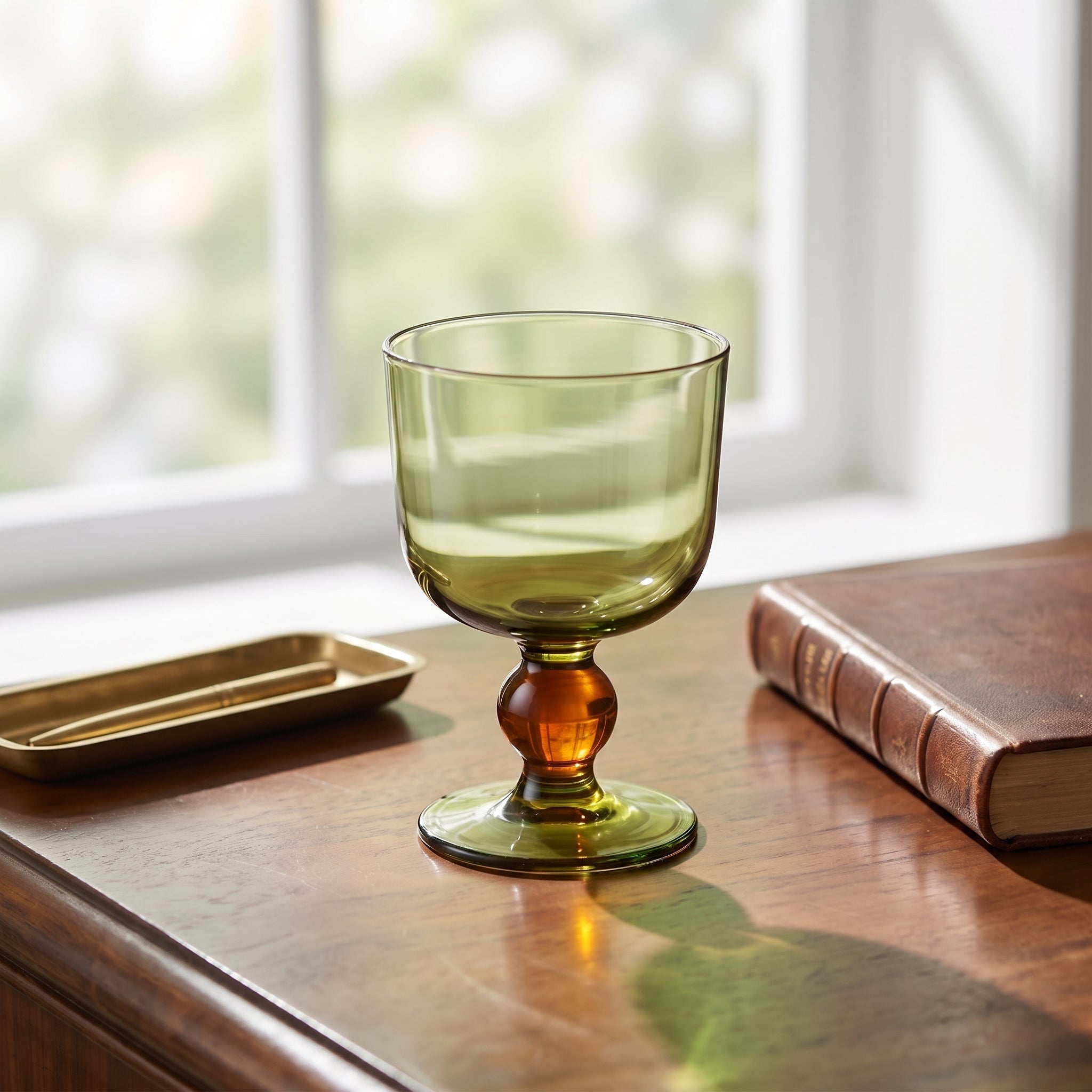 Green Glass Goblet with Amber Ball Stem