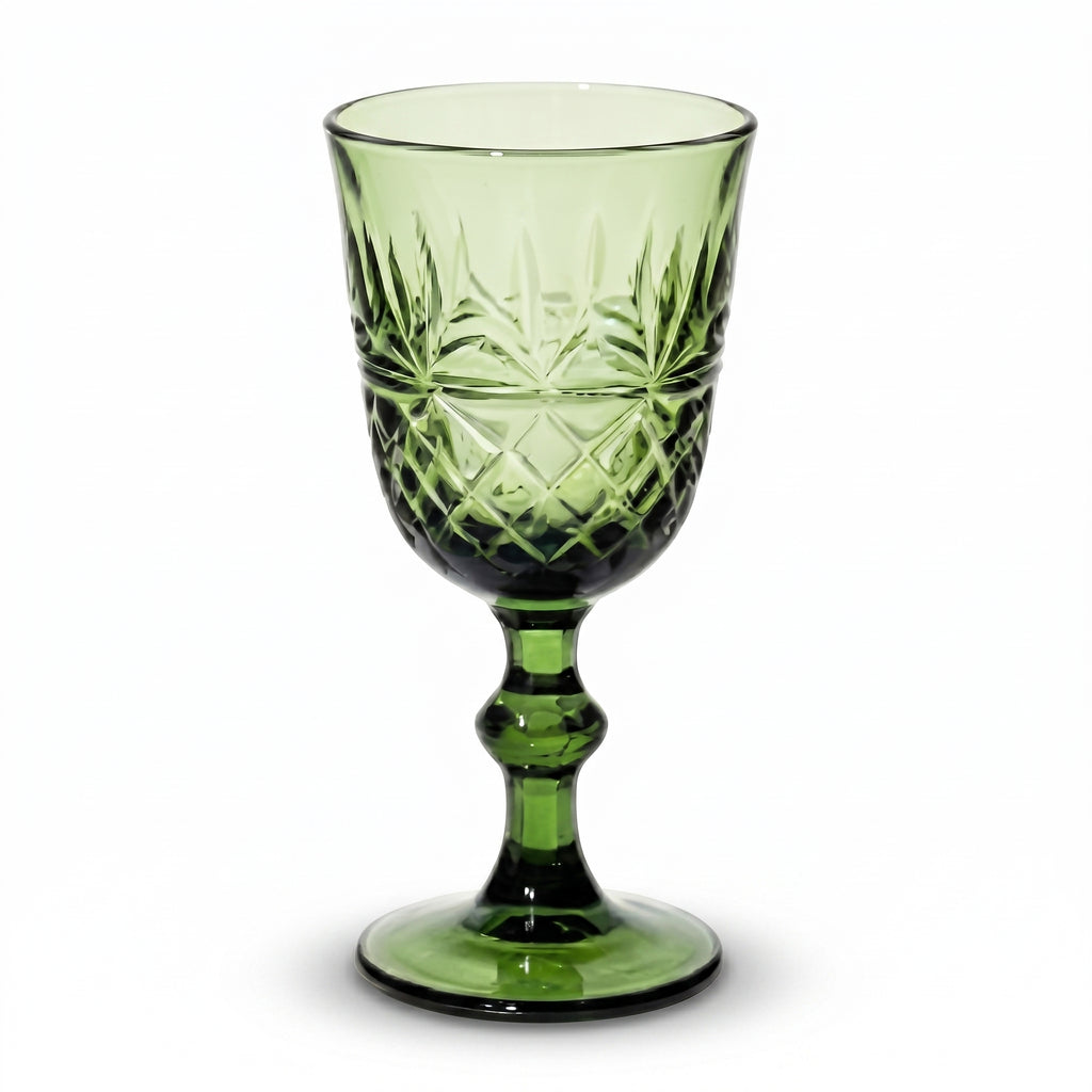 Vintage Green Diamond-Cut Glass Goblet