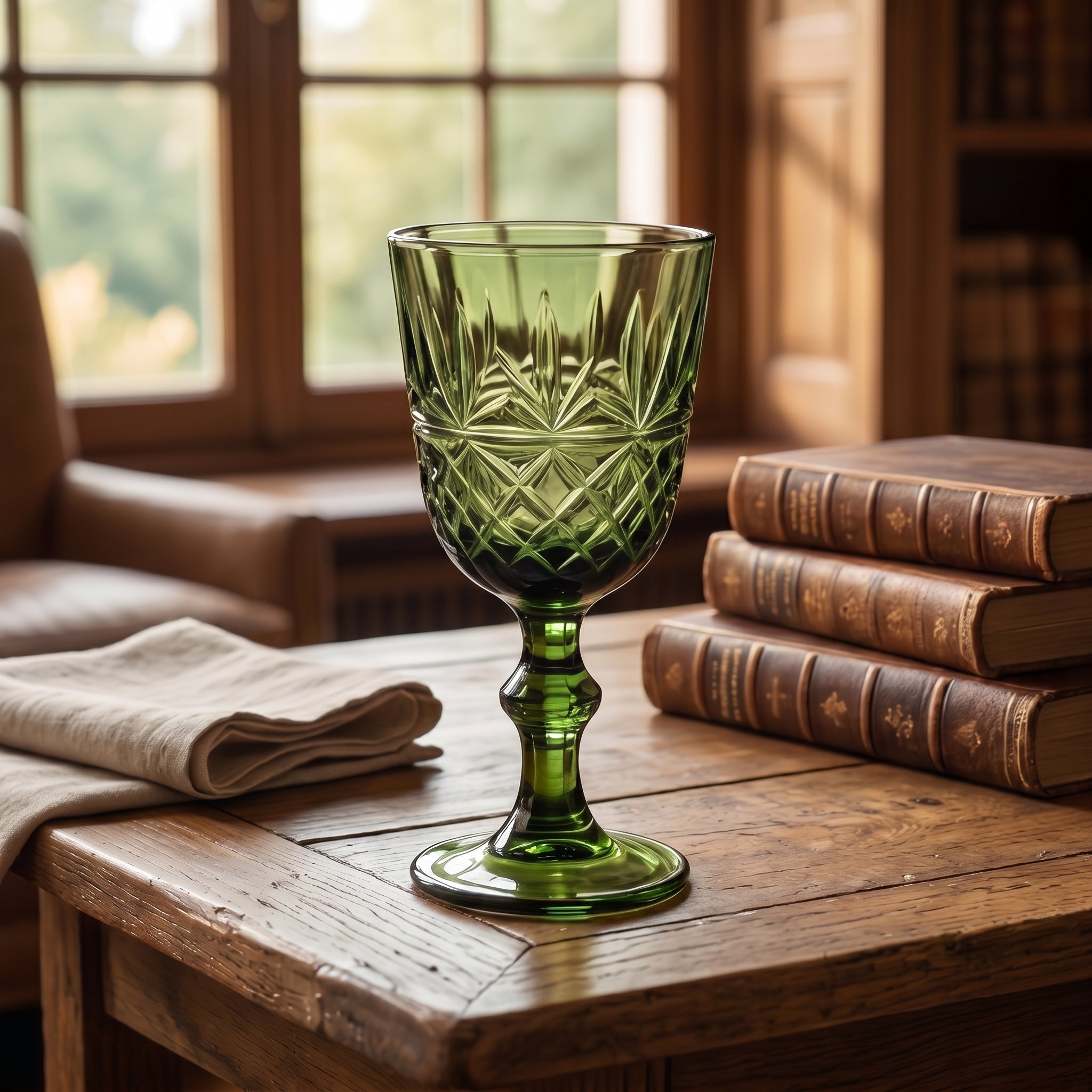 Vintage Green Diamond-Cut Glass Goblet