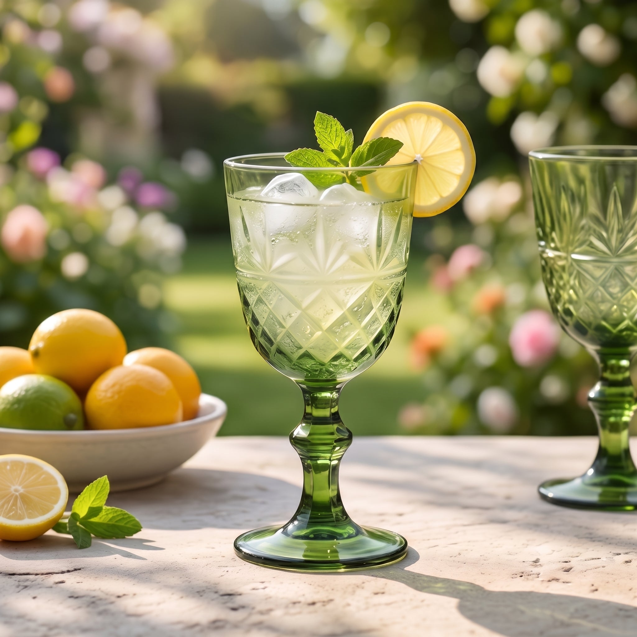 Vintage Green Diamond-Cut Glass Goblet